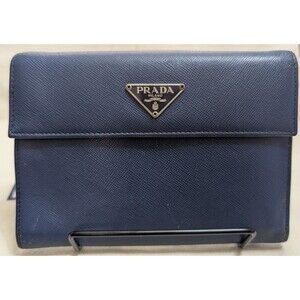 Prada Saffiano Leather Trifold Wallet Navy Blue Compact Wallet Made in Italy
